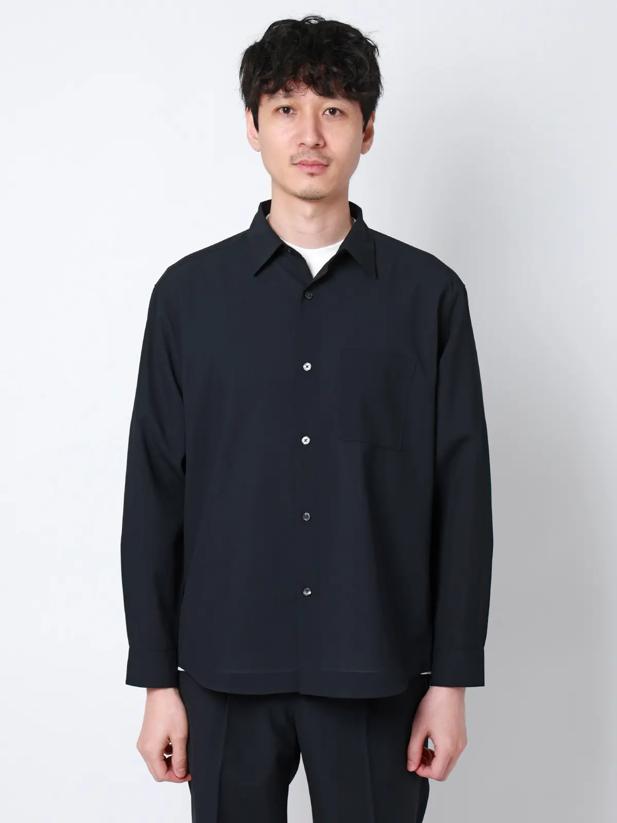 SMACTIVE COOL／レギュラーカラーシャツ／長袖／接触冷感／ウールライクトロピカル／無地 ネイビー S