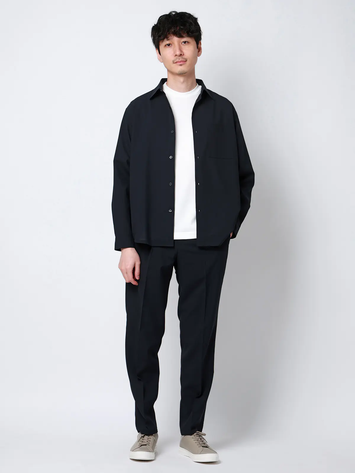 SMACTIVE COOL／レギュラーカラーシャツ／長袖／接触冷感／ウールライクトロピカル／無地 ネイビー S