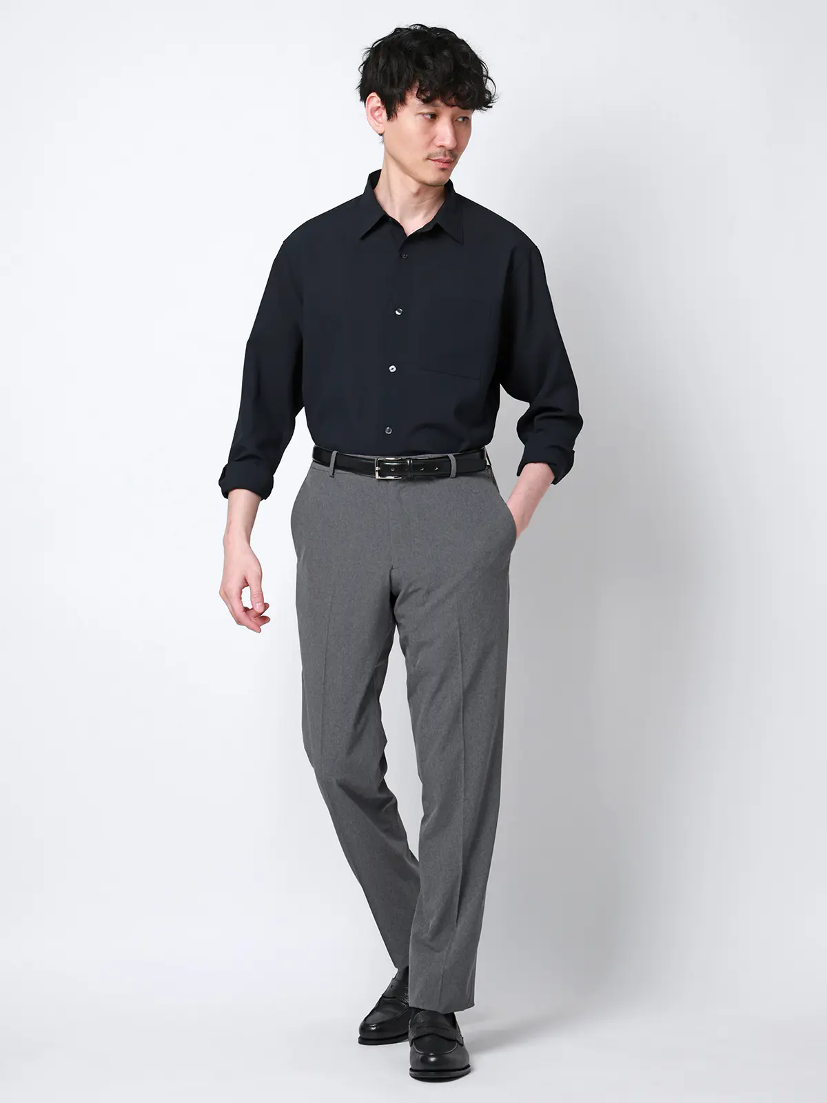 SMACTIVE COOL／レギュラーカラーシャツ／長袖／接触冷感／ウールライクトロピカル／無地 ネイビー S