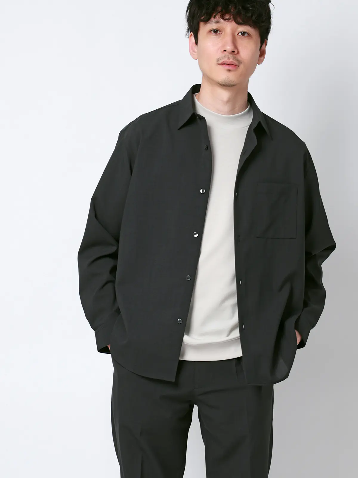 SMACTIVE COOL／レギュラーカラーシャツ／長袖／接触冷感／ウールライクトロピカル／無地 グレー S