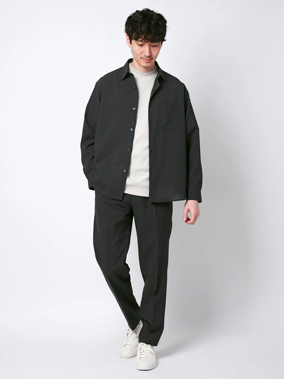 SMACTIVE COOL／レギュラーカラーシャツ／長袖／接触冷感／ウールライクトロピカル／無地 グレー S