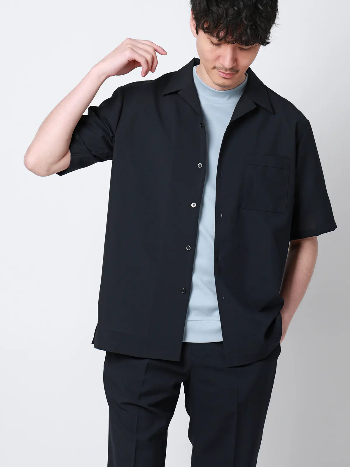 SMACTIVE COOL／オープンカラーシャツ／半袖／接触冷感／ウールライクトロピカル／無地 ネイビー S