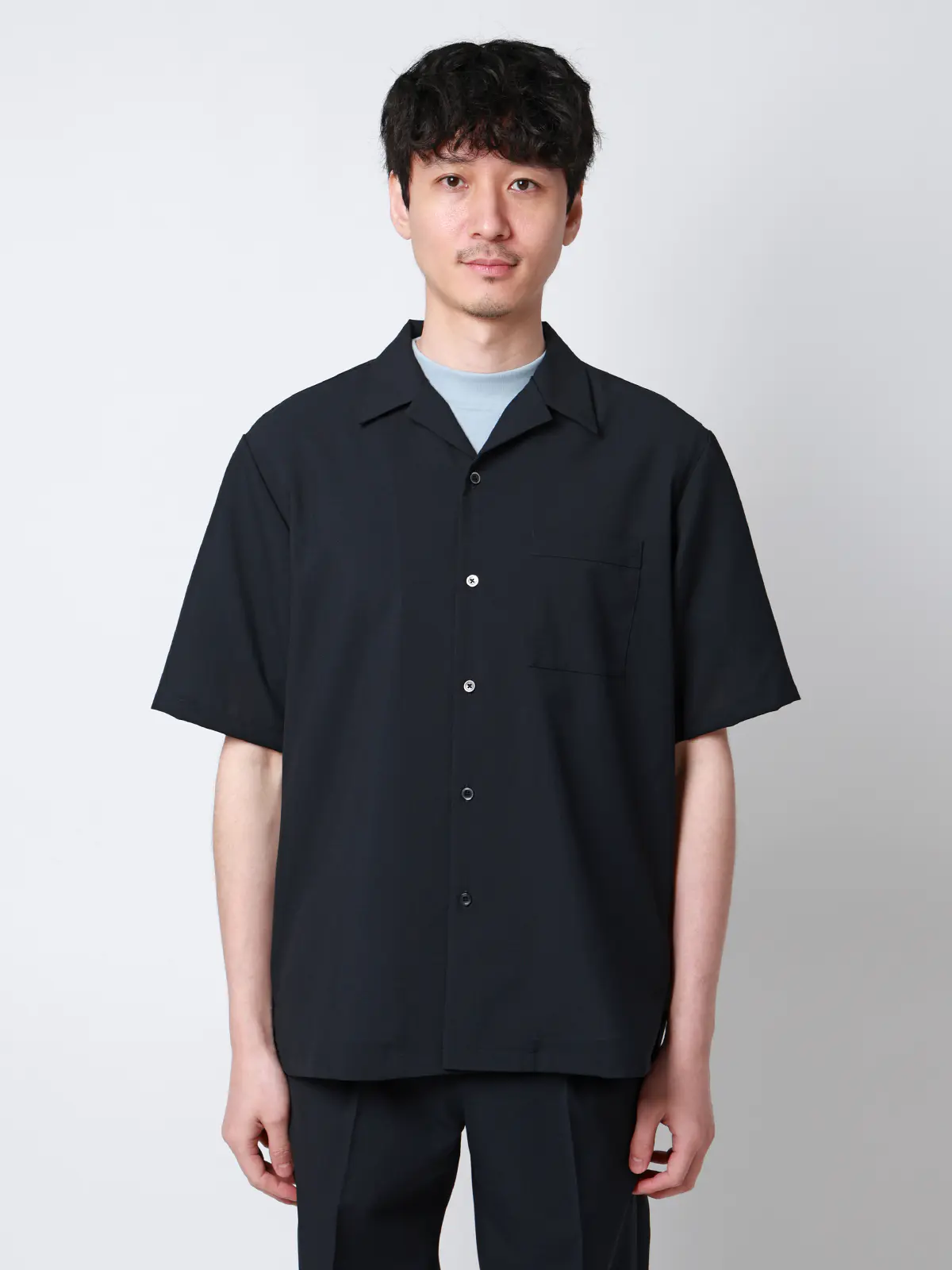 SMACTIVE COOL／オープンカラーシャツ／半袖／接触冷感／ウールライクトロピカル／無地 ネイビー S