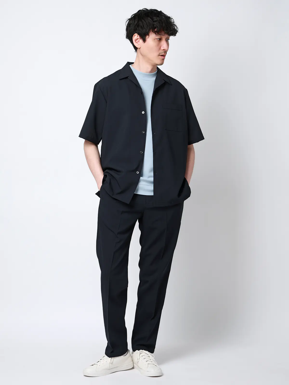 SMACTIVE COOL／オープンカラーシャツ／半袖／接触冷感／ウールライクトロピカル／無地 ネイビー S