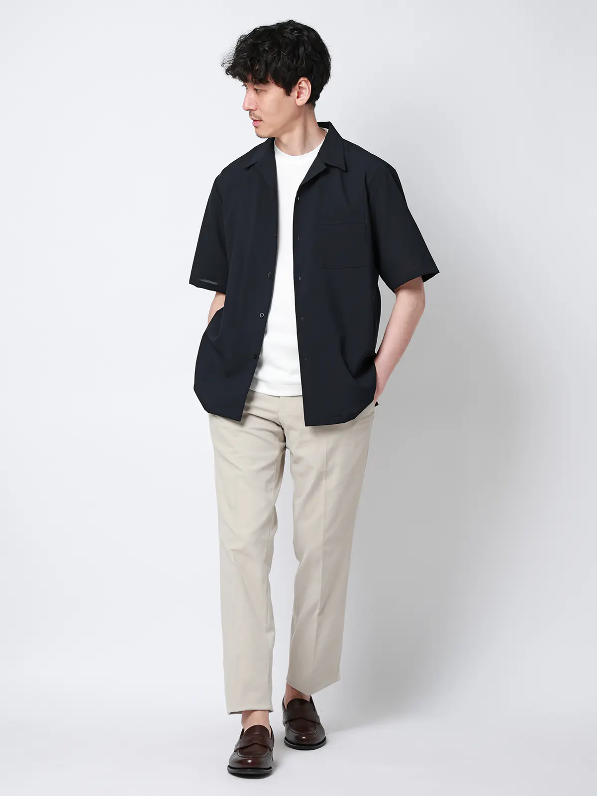 SMACTIVE COOL／オープンカラーシャツ／半袖／接触冷感／ウールライクトロピカル／無地 ネイビー S