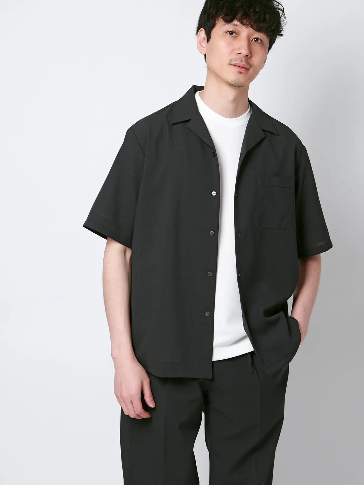 SMACTIVE COOL／オープンカラーシャツ／半袖／接触冷感／ウールライクトロピカル／無地 グレー S