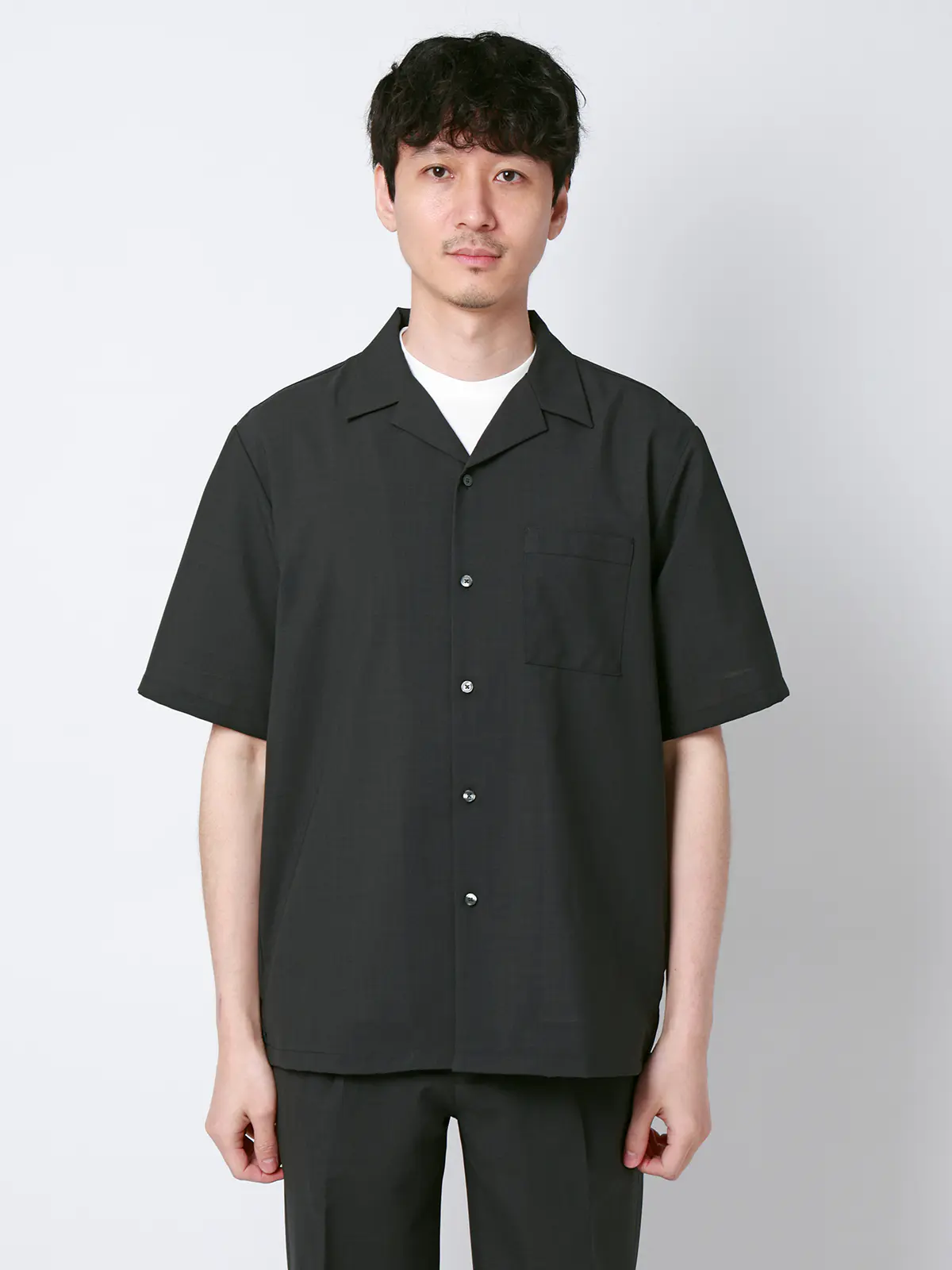 SMACTIVE COOL／オープンカラーシャツ／半袖／接触冷感／ウールライクトロピカル／無地 グレー S