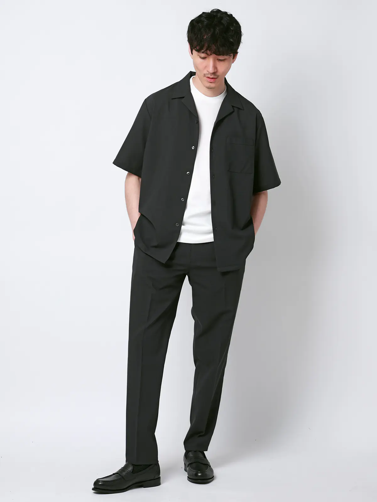 SMACTIVE COOL／オープンカラーシャツ／半袖／接触冷感／ウールライクトロピカル／無地 グレー S