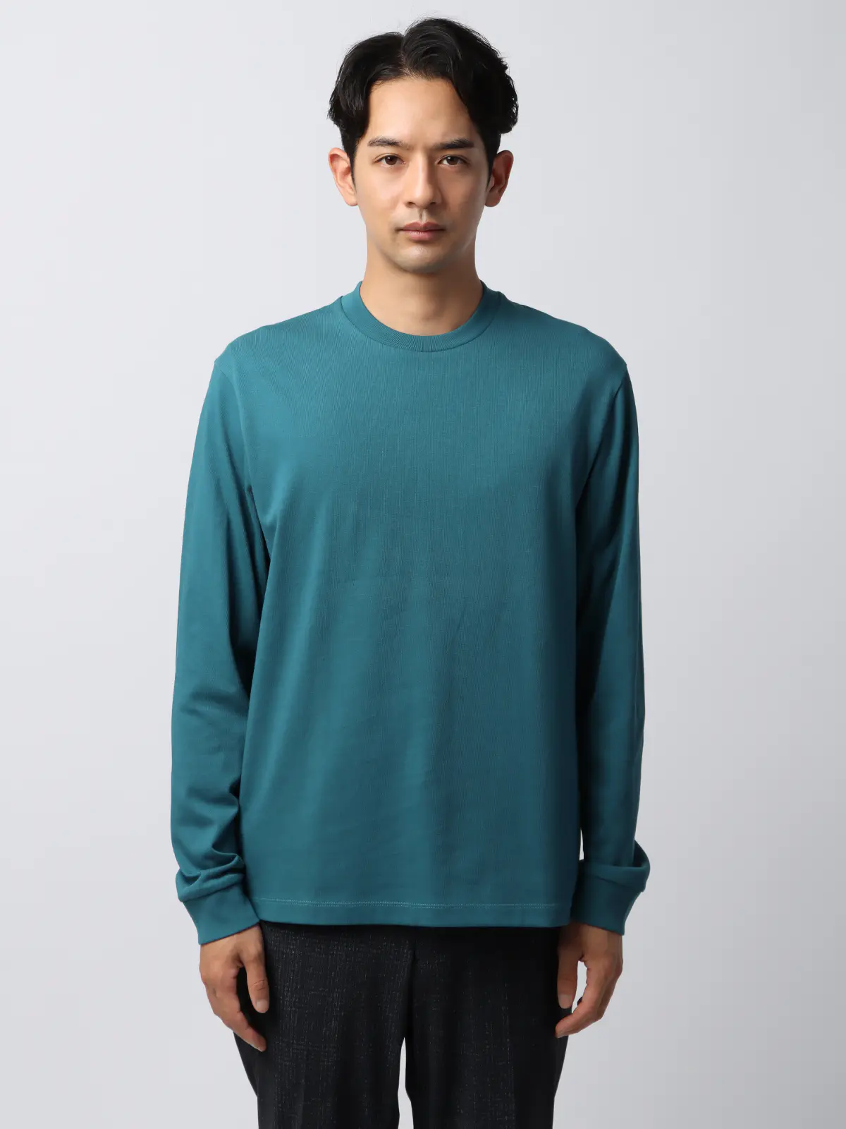 オフィT／Tシャツ／長袖／ウォッシャブル／プレーティング天竺／無地／COMMUTECH ブルー系 S
