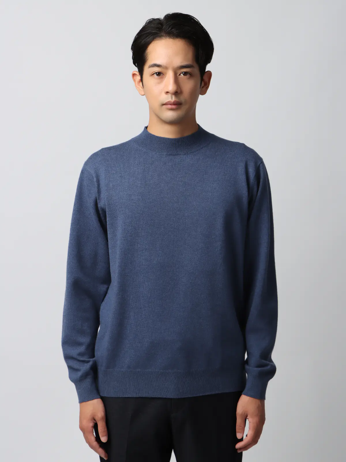 オフィニット/モックネックニット/長袖/ウォッシャブル/ウールブレンド天竺/無地/COMMUTECH ブルー L