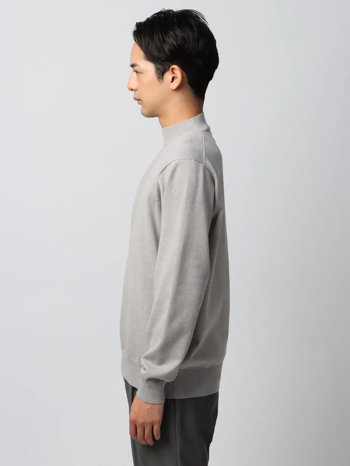 オフィニット／モックネックニット／長袖／ウォッシャブル／ウールブレンド天竺／無地／COMMUTECH ライトグレー LL