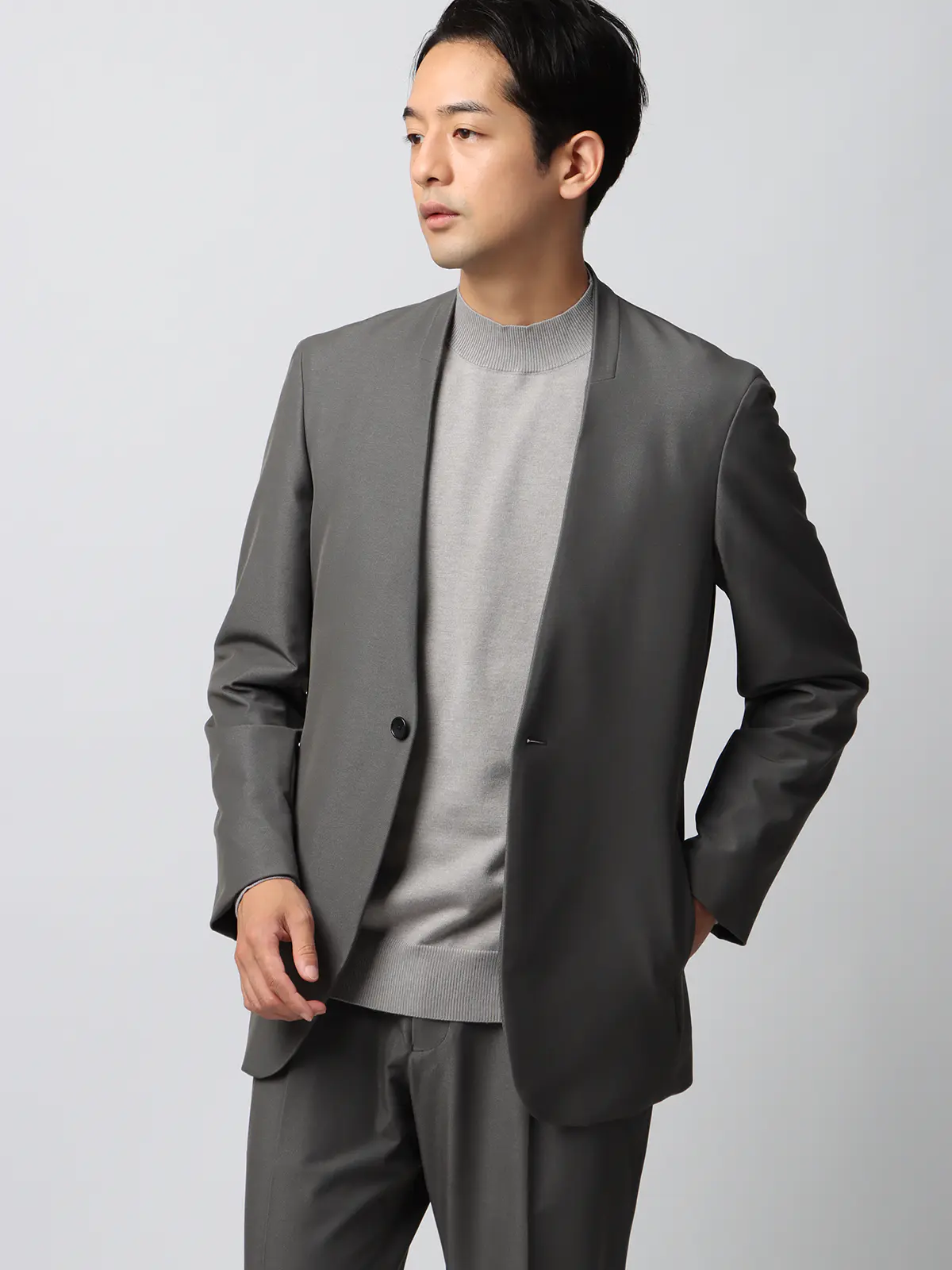 オフィニット／モックネックニット／長袖／ウォッシャブル／ウールブレンド天竺／無地／COMMUTECH ライトグレー LL