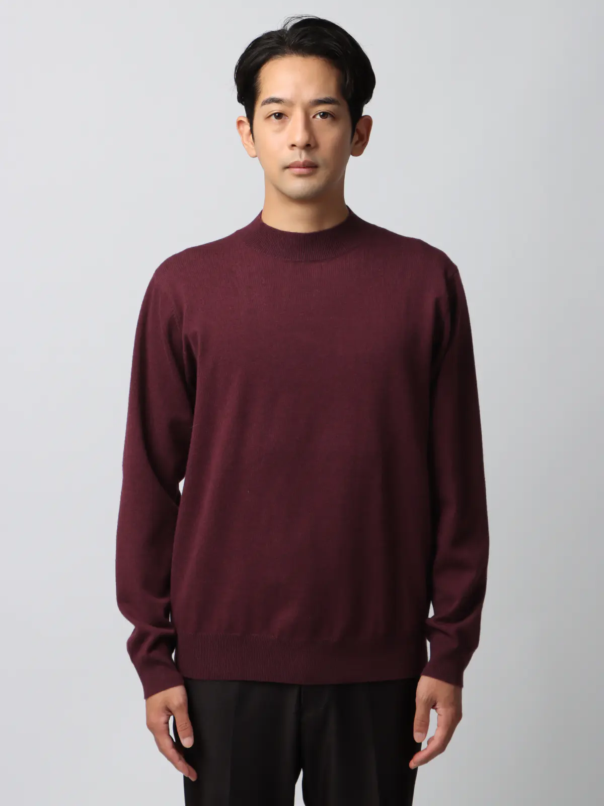 オフィニット／モックネックニット／長袖／ウォッシャブル／ウールブレンド天竺／無地／COMMUTECH ボルドー S