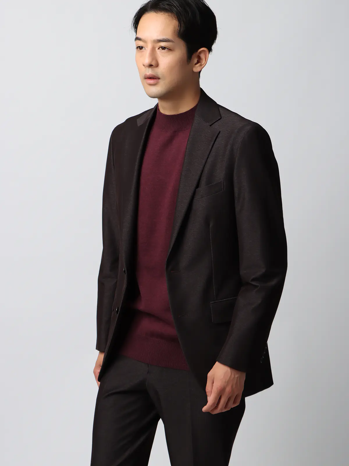 オフィニット／モックネックニット／長袖／ウォッシャブル／ウールブレンド天竺／無地／COMMUTECH ボルドー S