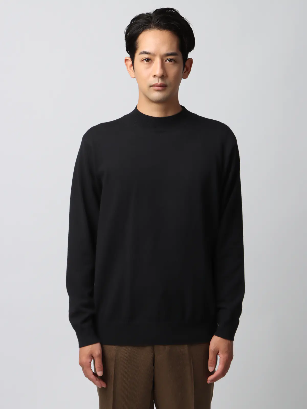 オフィニット/モックネックニット/長袖/ウォッシャブル/ウールブレンド天竺/無地/COMMUTECH ブラック L