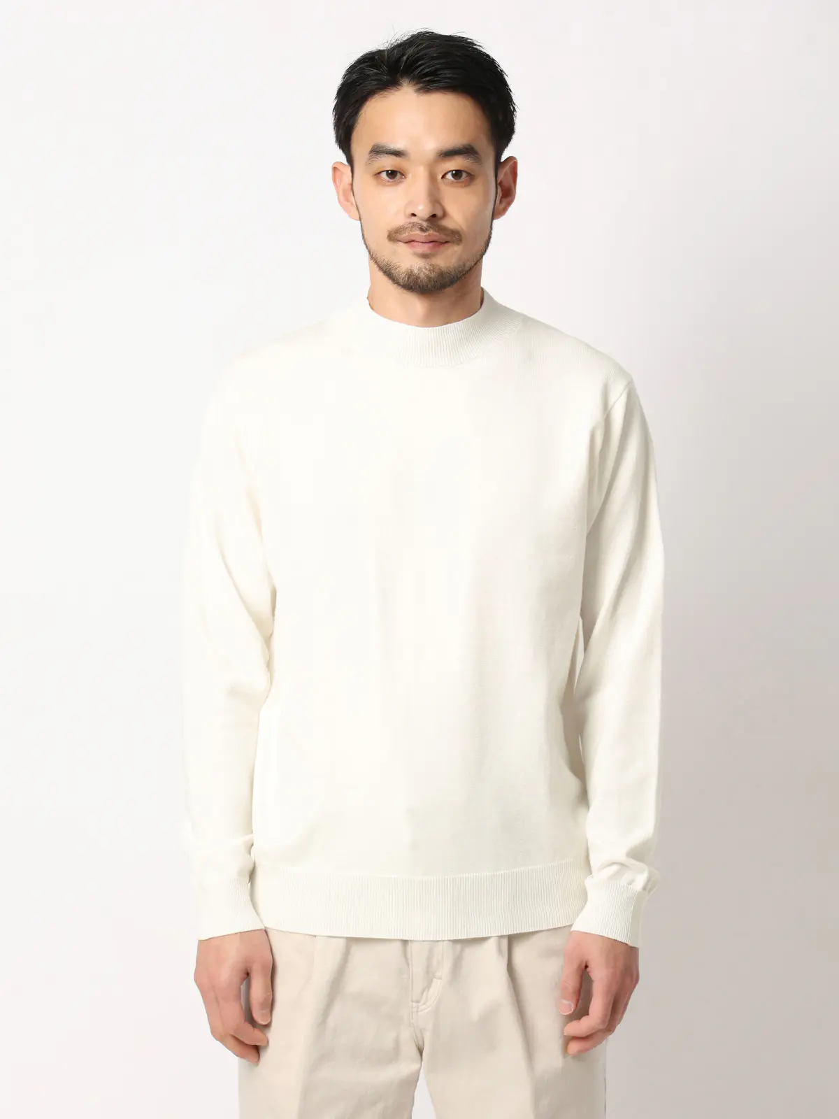 オフィニット／モックネックニット／長袖／ウォッシャブル／ウールブレンド天竺／無地／COMMUTECH オフホワイト L