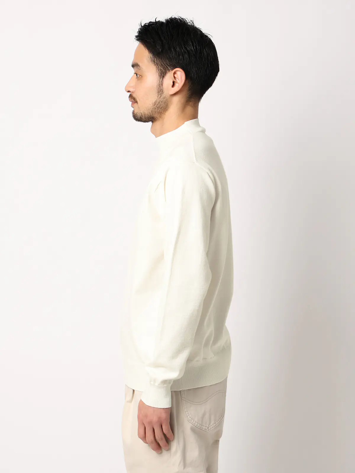 オフィニット／モックネックニット／長袖／ウォッシャブル／ウールブレンド天竺／無地／COMMUTECH オフホワイト L