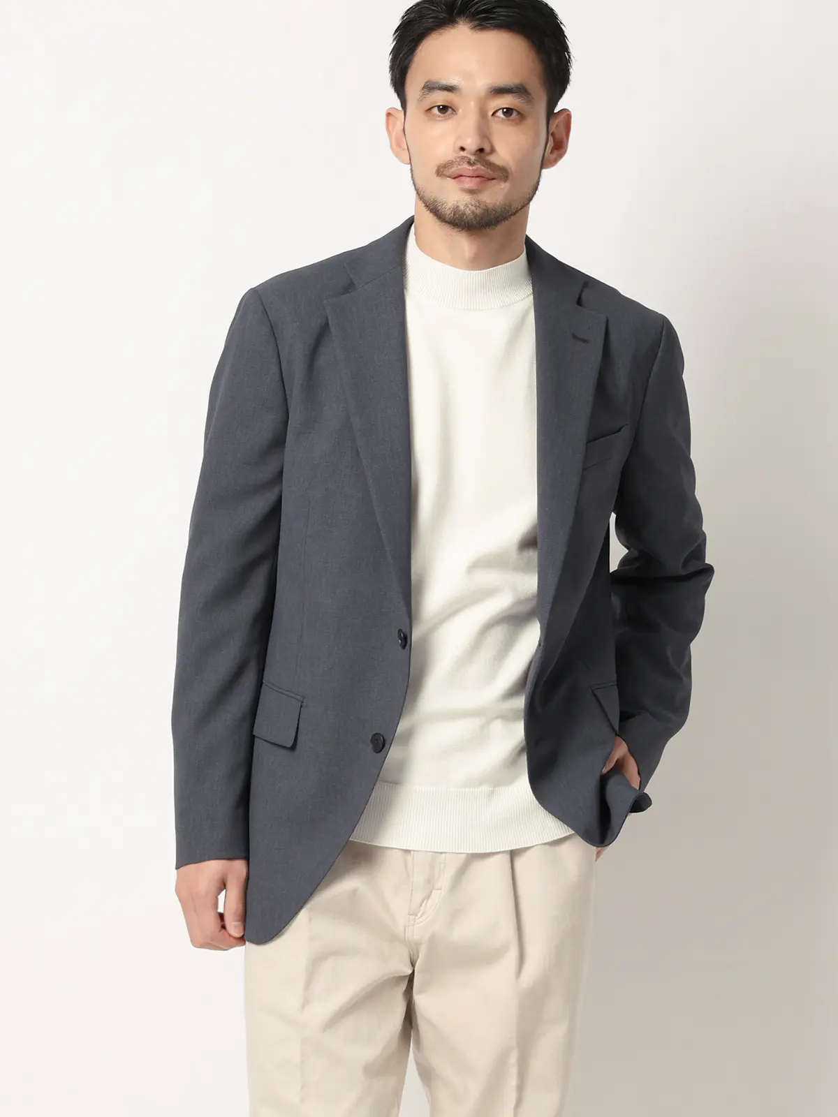 オフィニット／モックネックニット／長袖／ウォッシャブル／ウールブレンド天竺／無地／COMMUTECH オフホワイト L