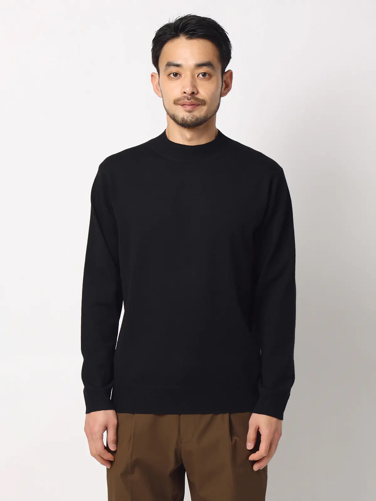 オフィニット／モックネックニット／長袖／ウォッシャブル／ウールブレンド天竺／無地／COMMUTECH ブラック L