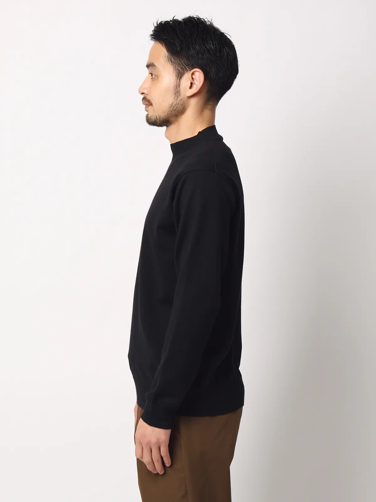 オフィニット／モックネックニット／長袖／ウォッシャブル／ウールブレンド天竺／無地／COMMUTECH ブラック L