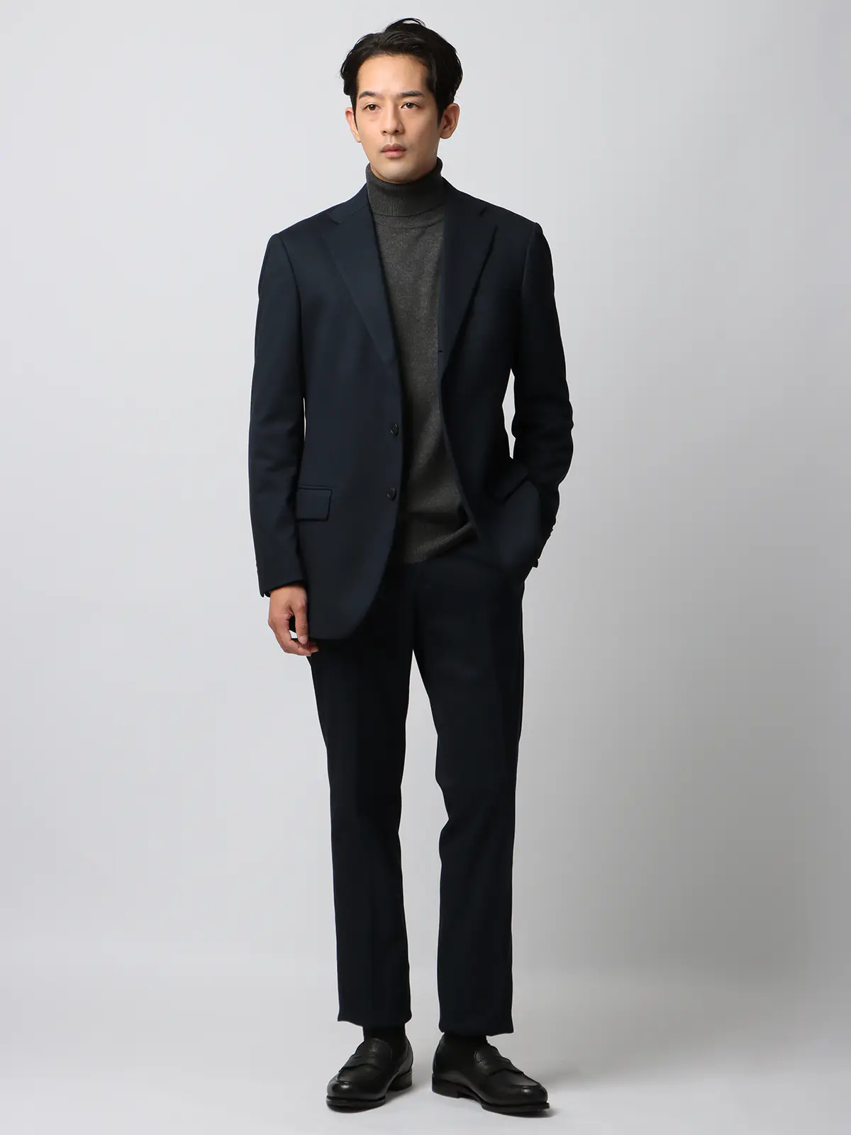 オフィニット／タートルネックニット／ウォッシャブル／ウールブレンド天竺／無地／COMMUTECH グレー S