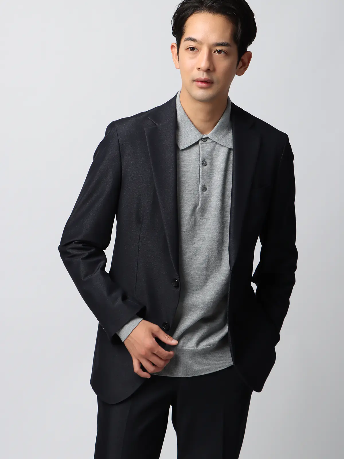 オフィニット/ポロニット/長袖/ウォッシャブル/ウールブレンド天竺/無地/COMMUTECH グレー S