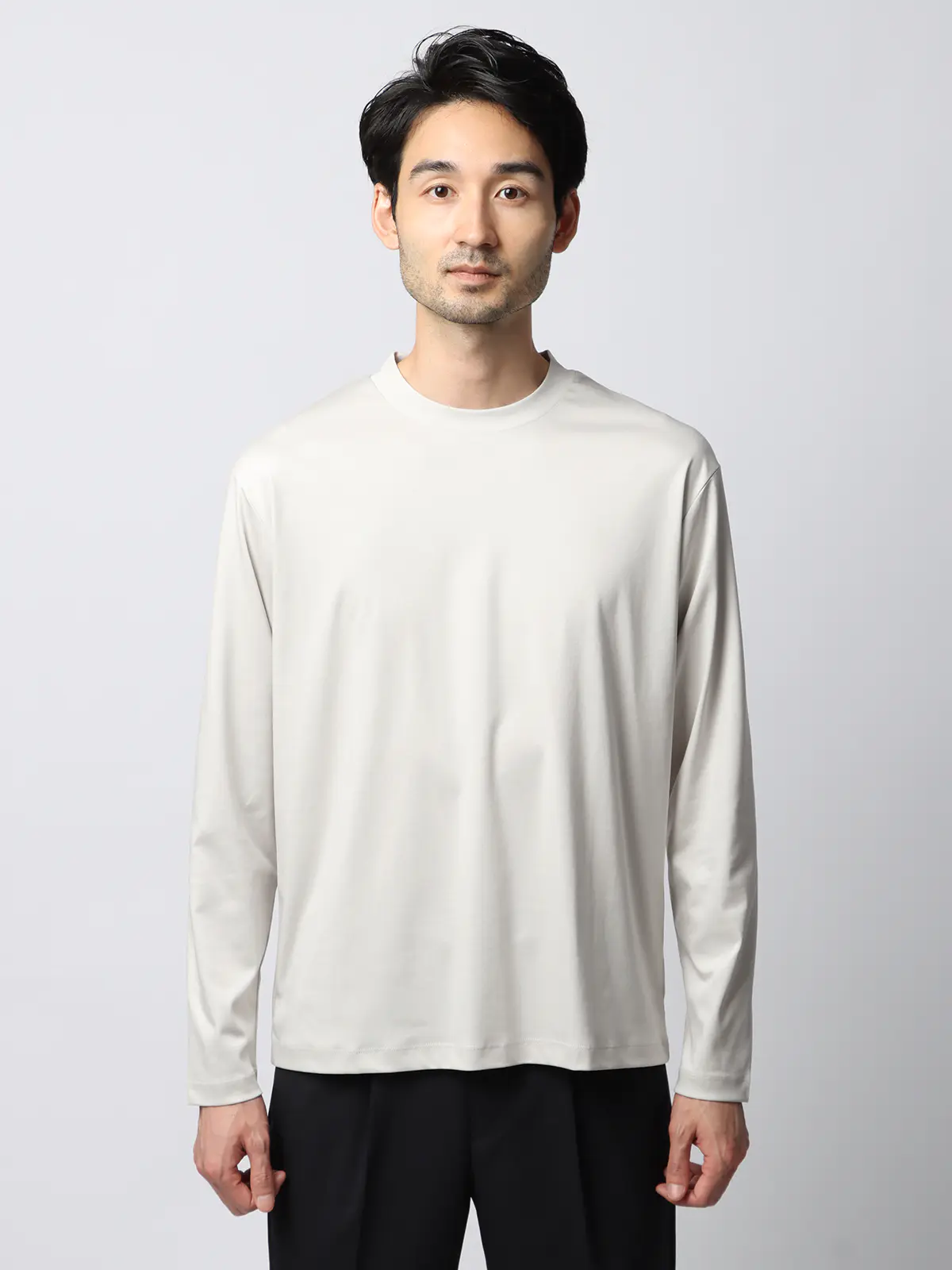 クルーネックTシャツ／長袖／ウォッシャブル／形態安定／シルケットスムースコットン／無地 グレー系 S