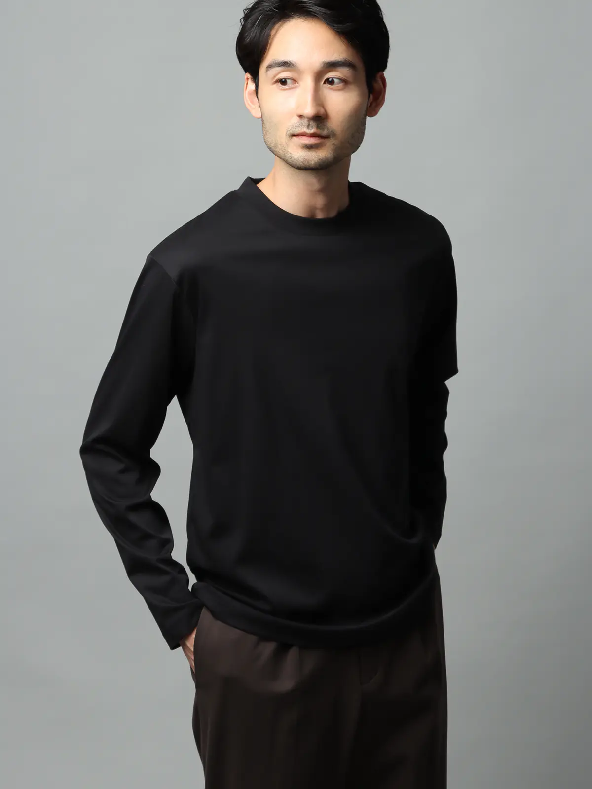 クルーネックTシャツ／長袖／ウォッシャブル／形態安定／シルケットスムースコットン／無地 ブラック系 S