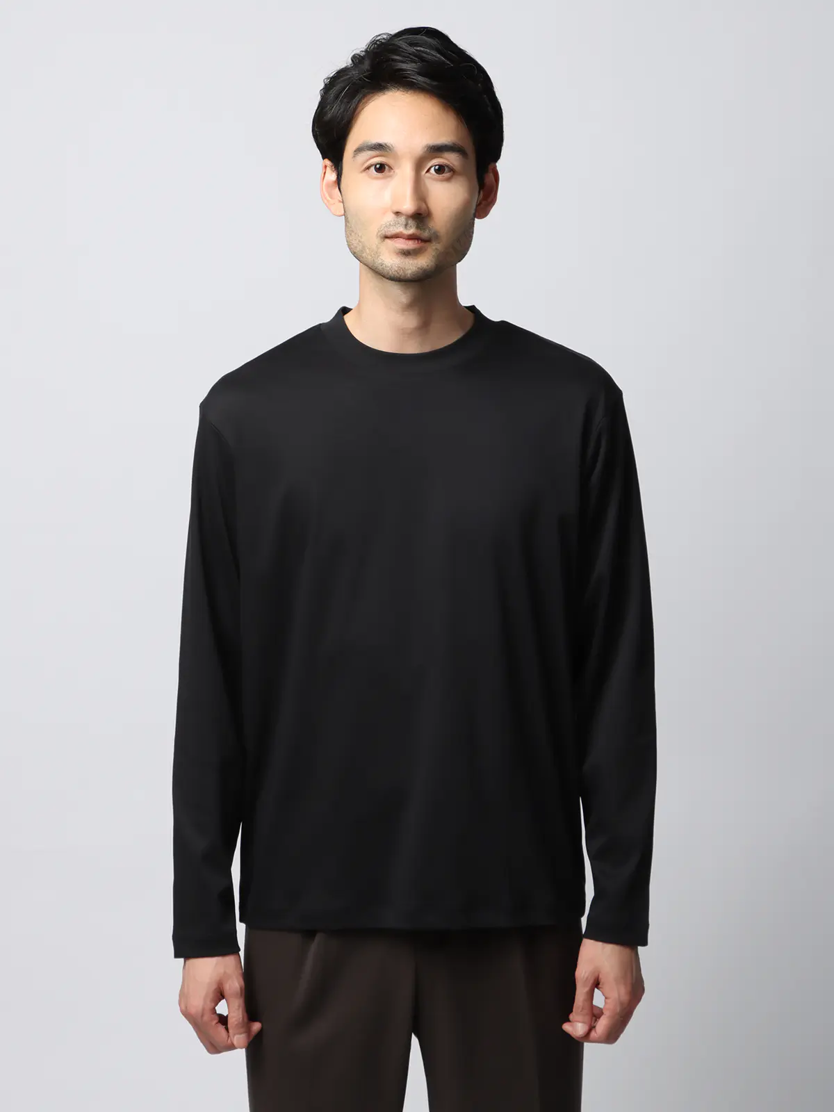クルーネックTシャツ／長袖／ウォッシャブル／形態安定／シルケットスムースコットン／無地 ブラック系 S