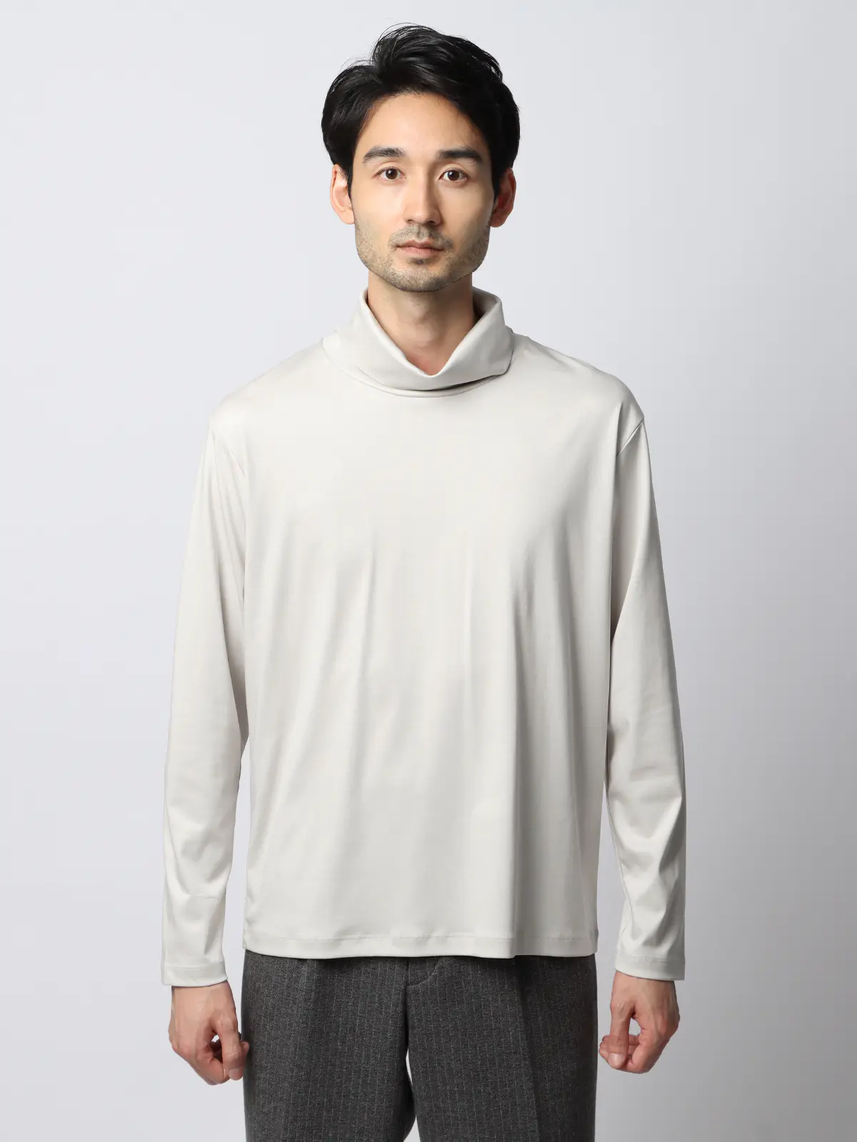 タートルネックTシャツ／長袖／ウォッシャブル／形態安定／シルケットスムースコットン／無地 グレー系 S
