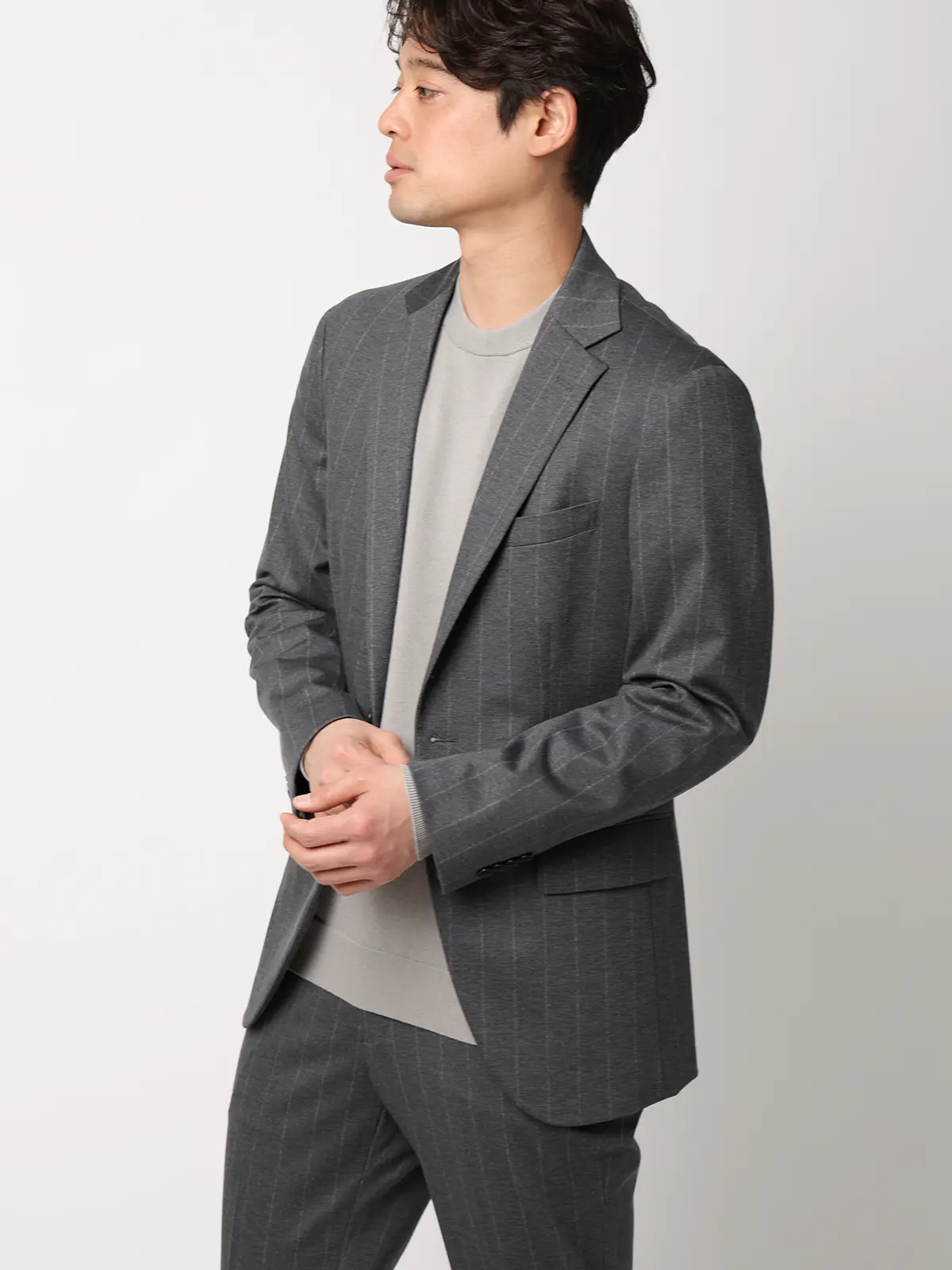 最高ニット／モックネックニット／長袖／ウォッシャブル／メランジポリエステル／COMMUTECH ライトグレー M