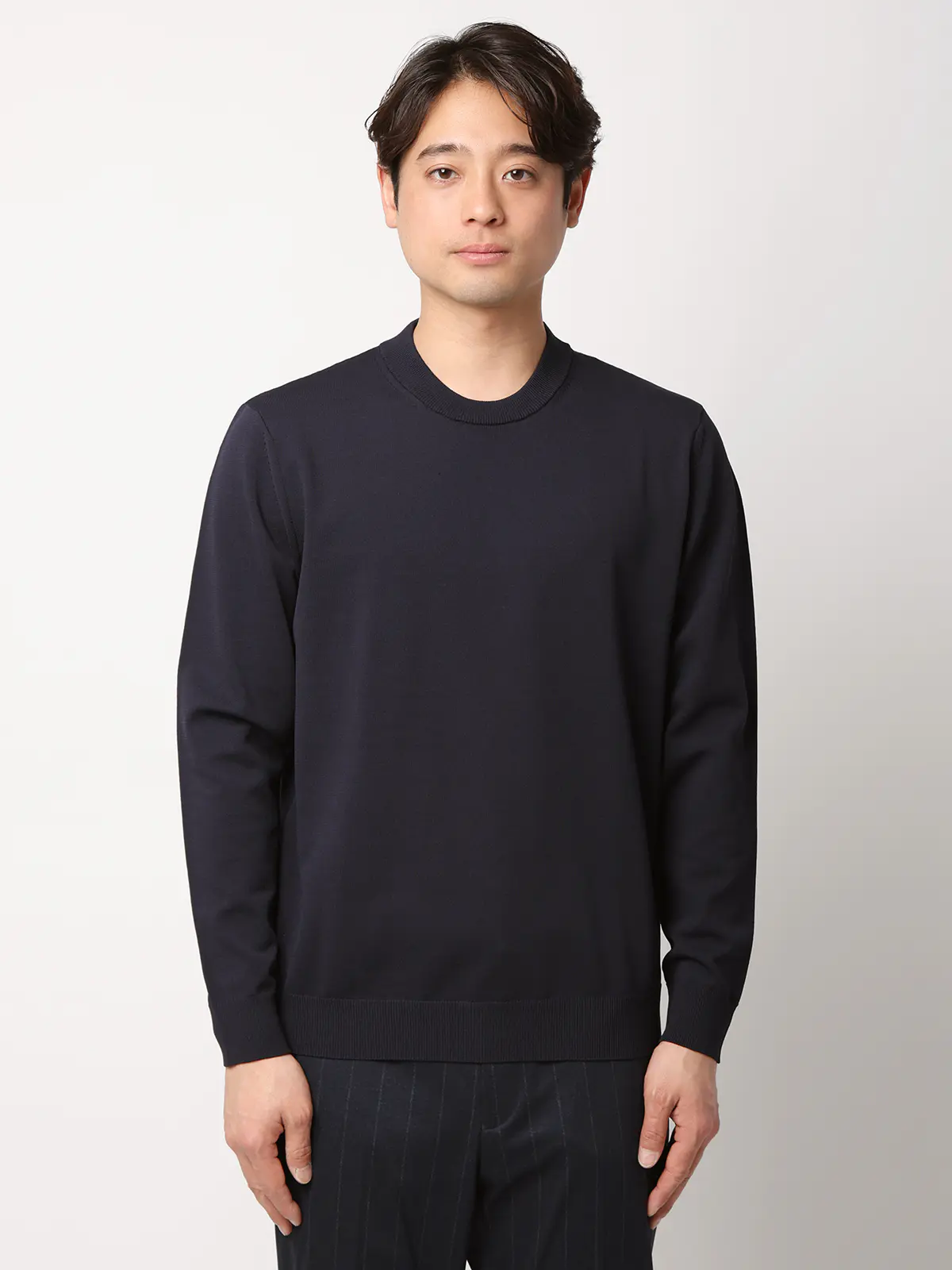 最高ニット/モックネックニット/長袖/ウォッシャブル/メランジポリエステル/COMMUTECH ネイビー L