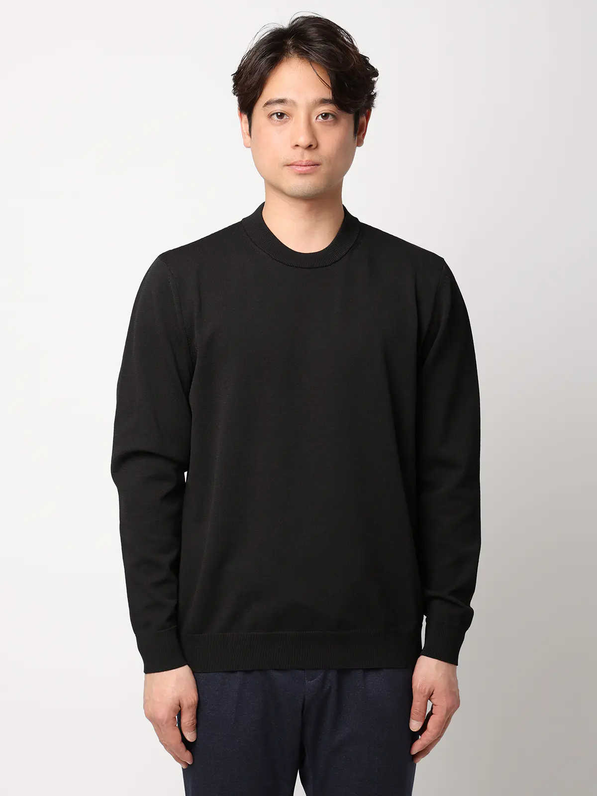 最高ニット／モックネックニット／長袖／ウォッシャブル／メランジポリエステル／COMMUTECH ブラック S