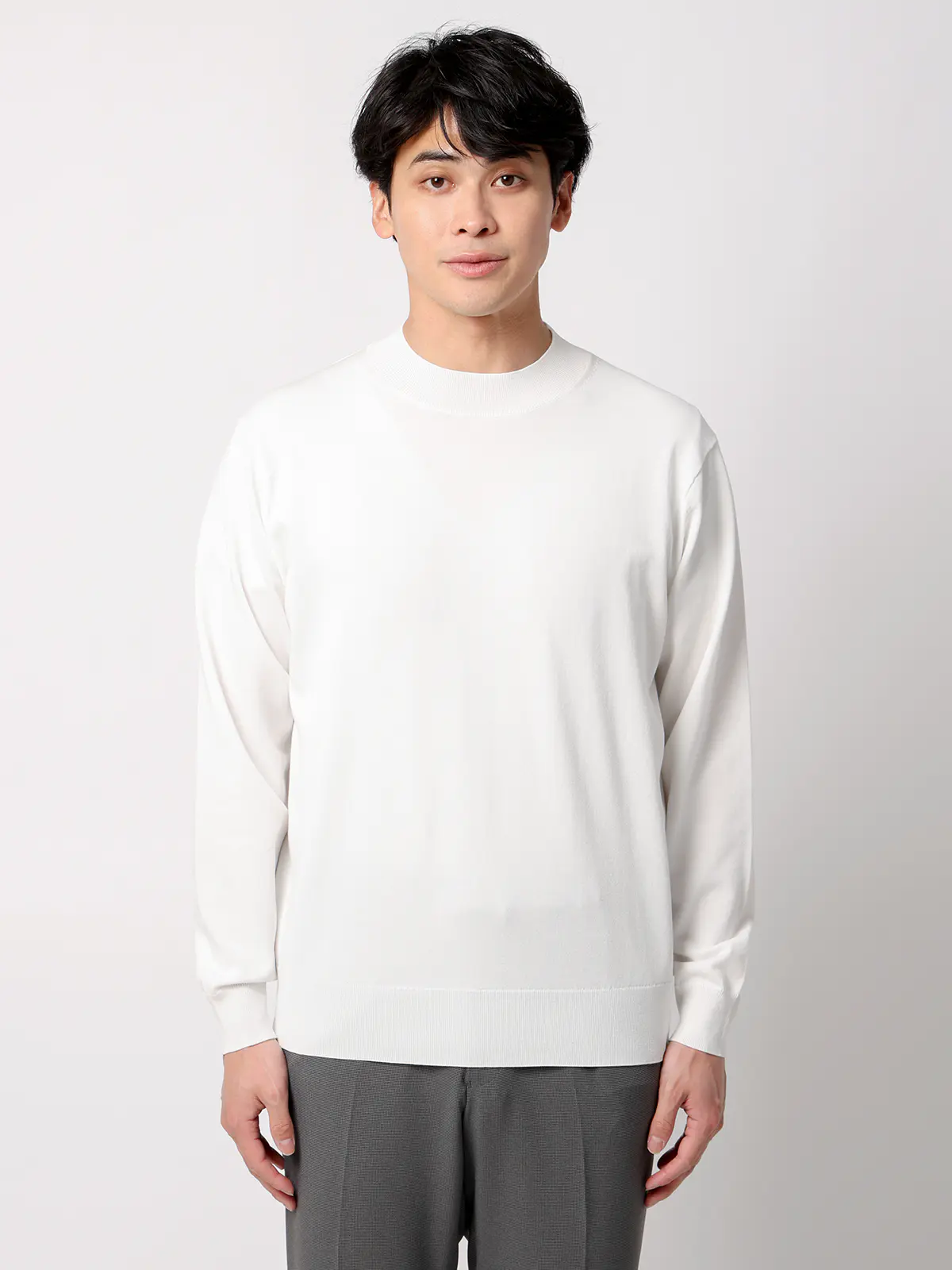 オフィニット／モックネックニット／長袖／ウォッシャブル／プレーティング天竺／無地 ホワイト S