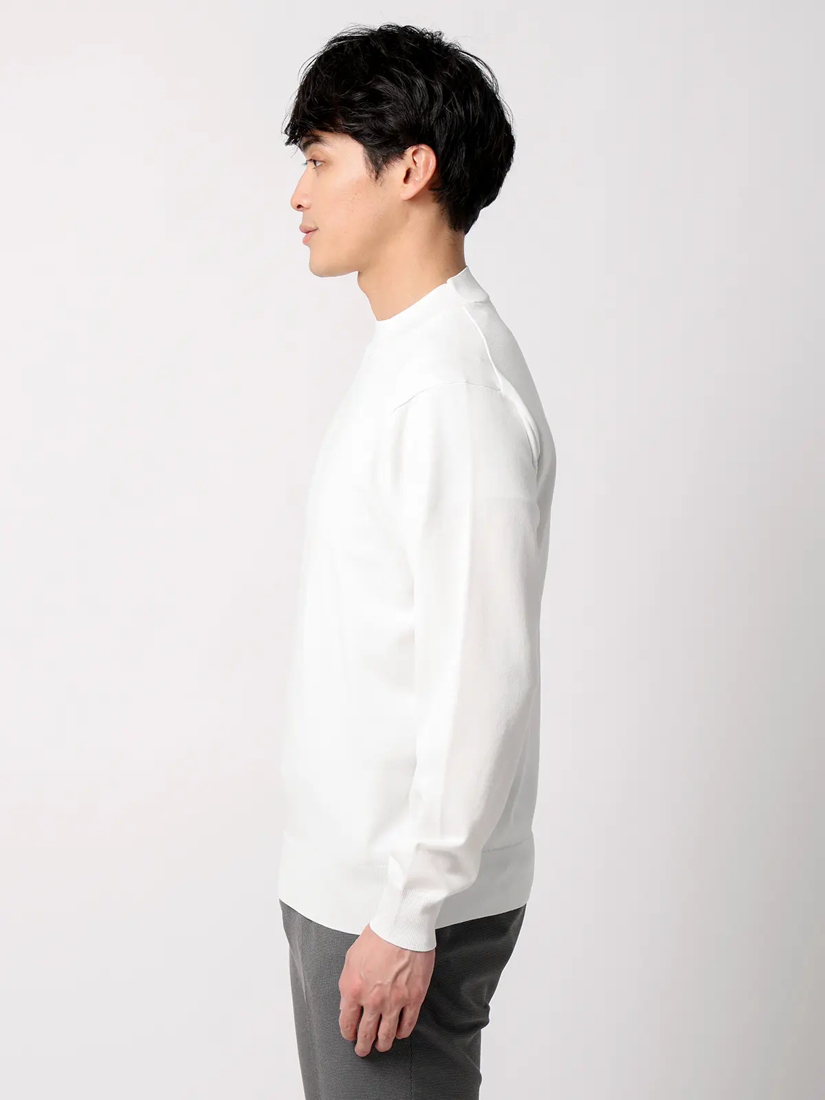 オフィニット／モックネックニット／長袖／ウォッシャブル／プレーティング天竺／無地 ホワイト S