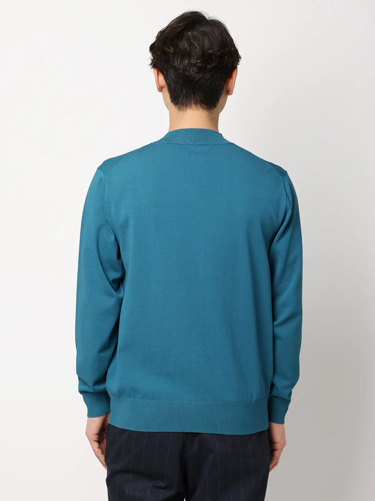 オフィニット／モックネックニット／長袖／ウォッシャブル／プレーティング天竺／無地 ブルー S