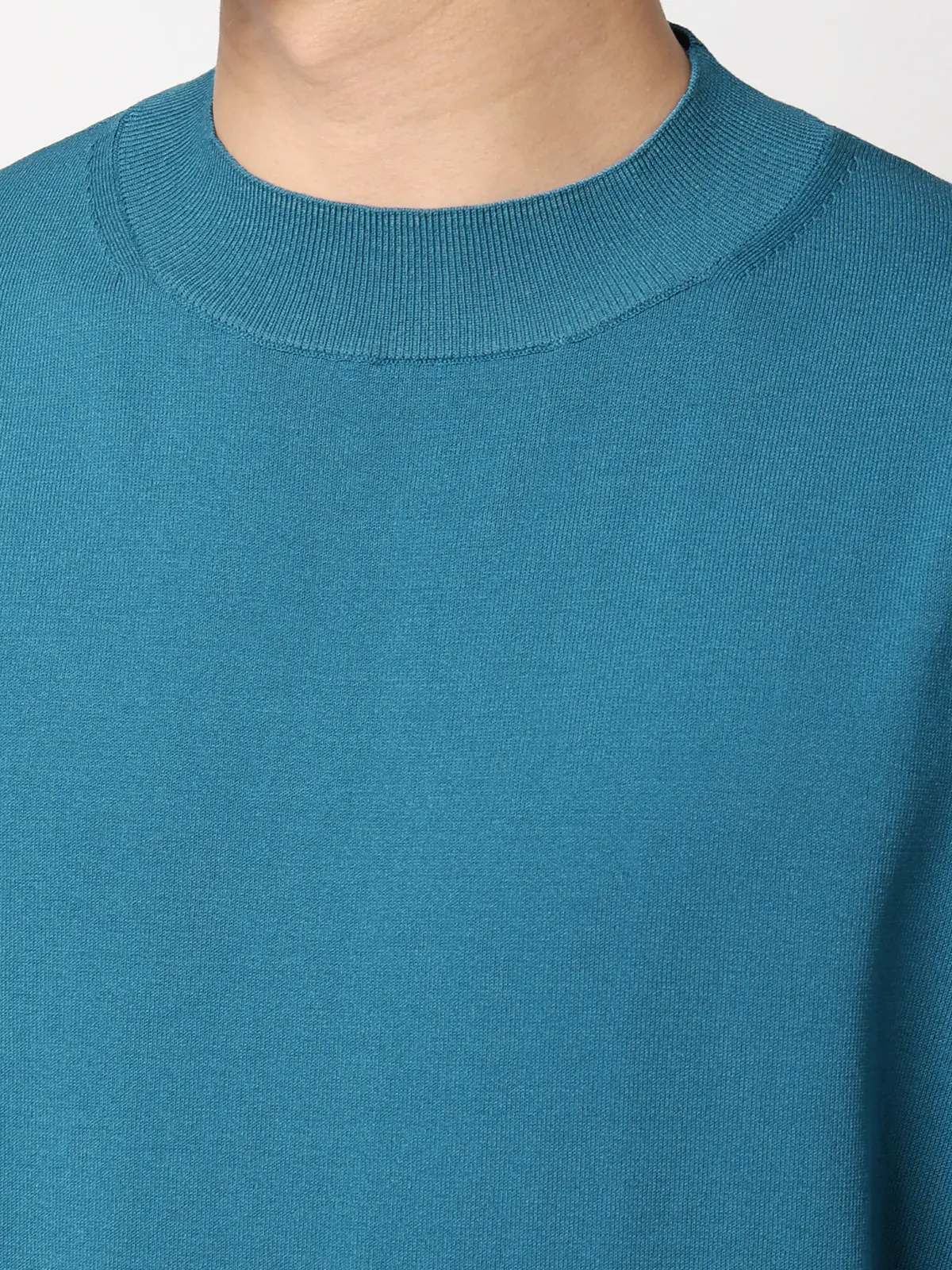 オフィニット／モックネックニット／長袖／ウォッシャブル／プレーティング天竺／無地 ブルー S