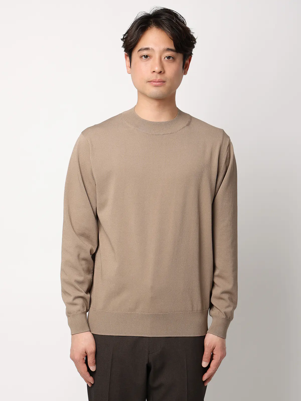 オフィニット／モックネックニット／長袖／ウォッシャブル／プレーティング天竺／無地 ベージュ S