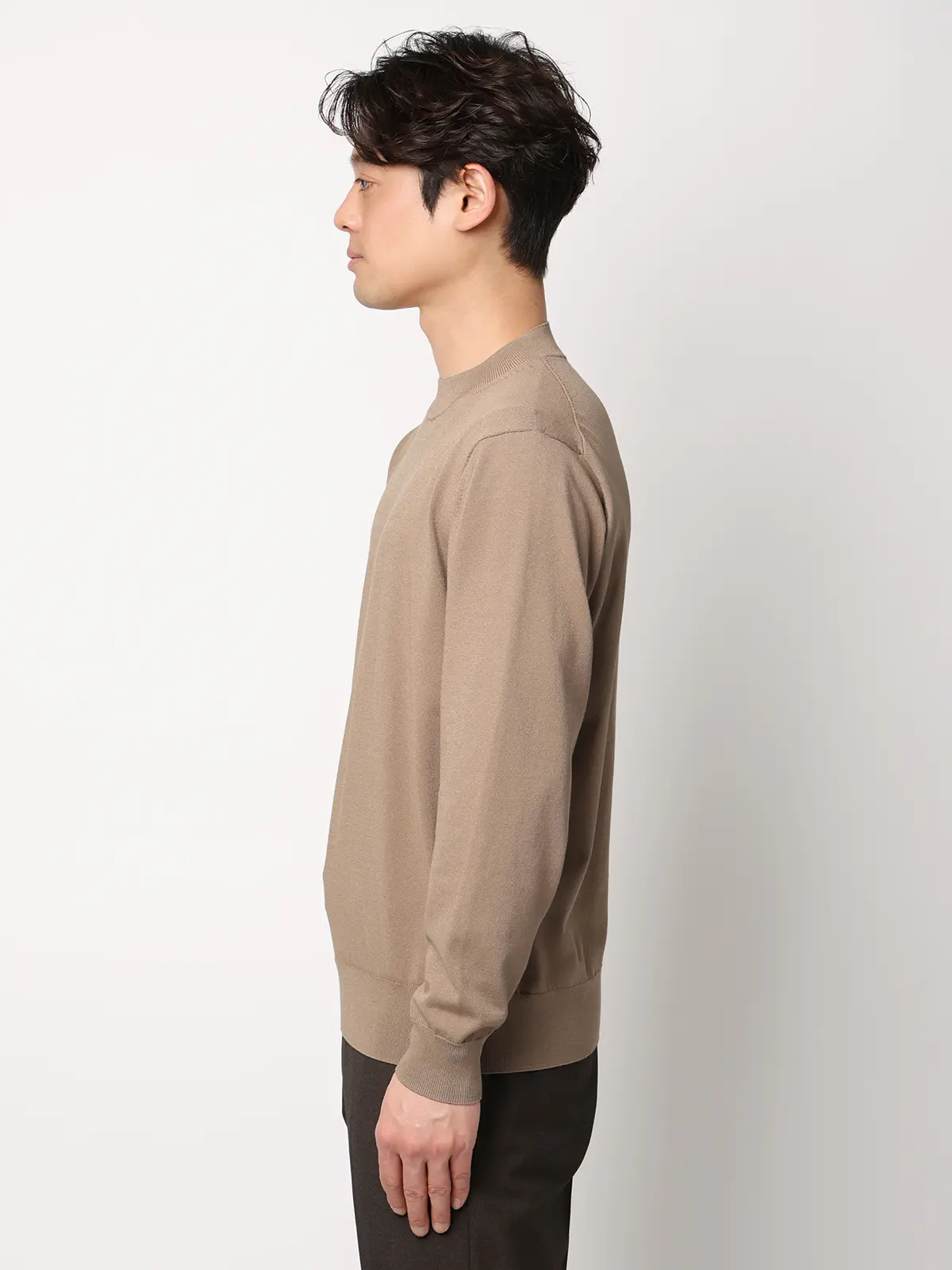 オフィニット／モックネックニット／長袖／ウォッシャブル／プレーティング天竺／無地 ベージュ S