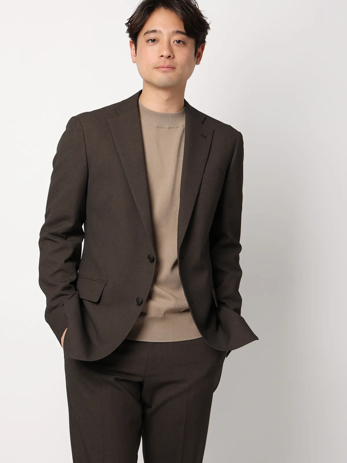 オフィニット／モックネックニット／長袖／ウォッシャブル／プレーティング天竺／無地 ベージュ S