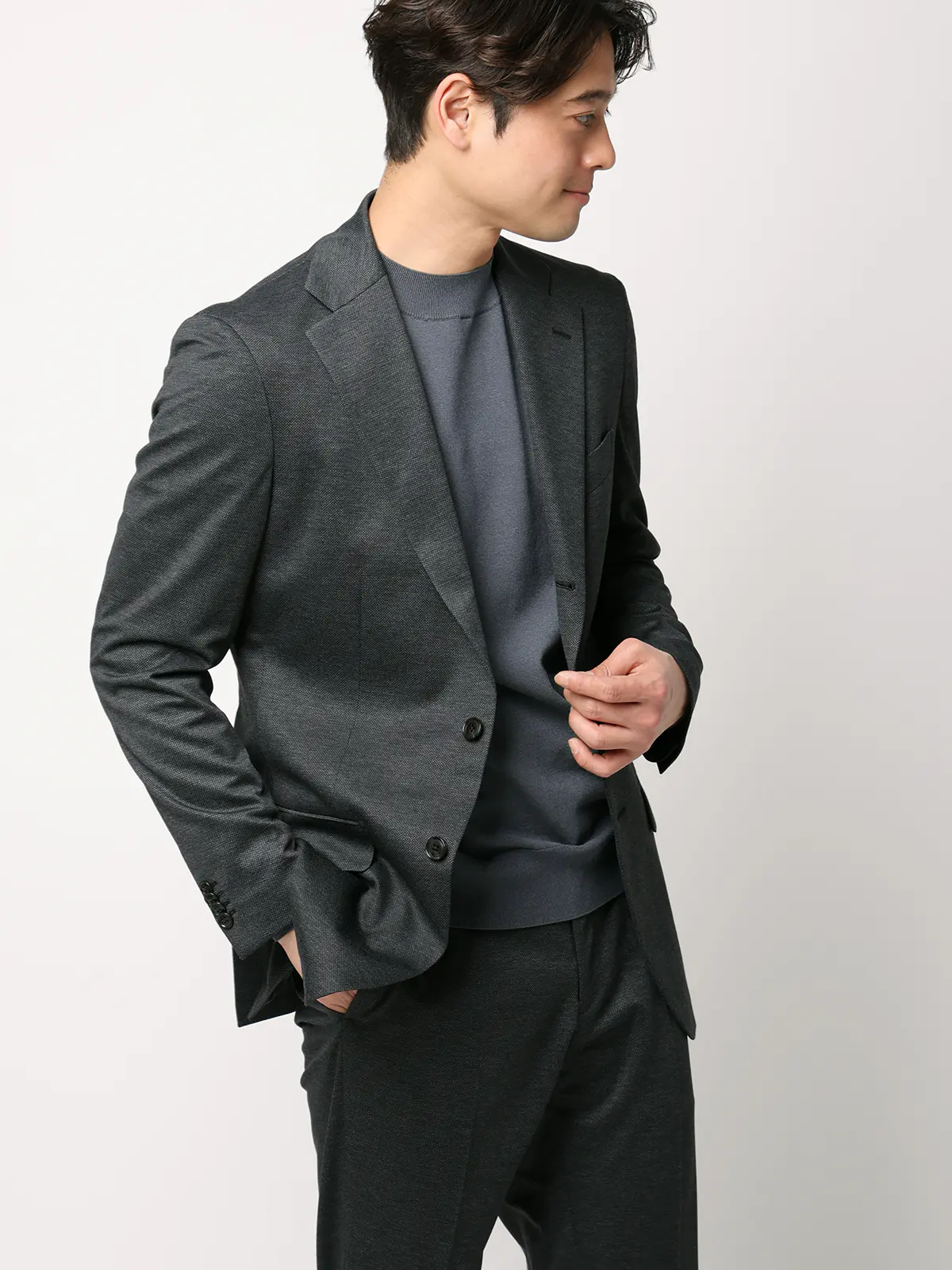 オフィニット／モックネックニット／長袖／ウォッシャブル／プレーティング天竺／無地 グレー S