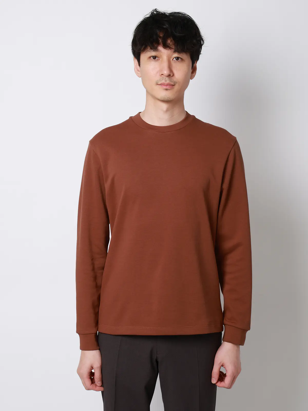 オフィT/Tシャツ/長袖/ウォッシャブル/プレーティング鹿の子/無地 ブラウン S