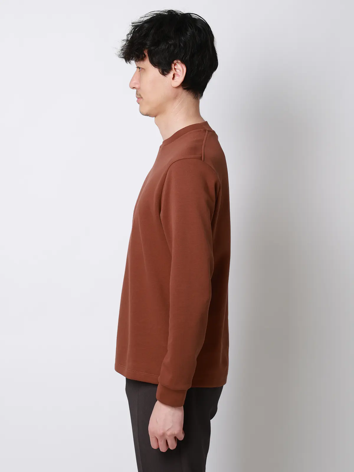 オフィT/Tシャツ/長袖/ウォッシャブル/プレーティング鹿の子/無地 ブラウン S