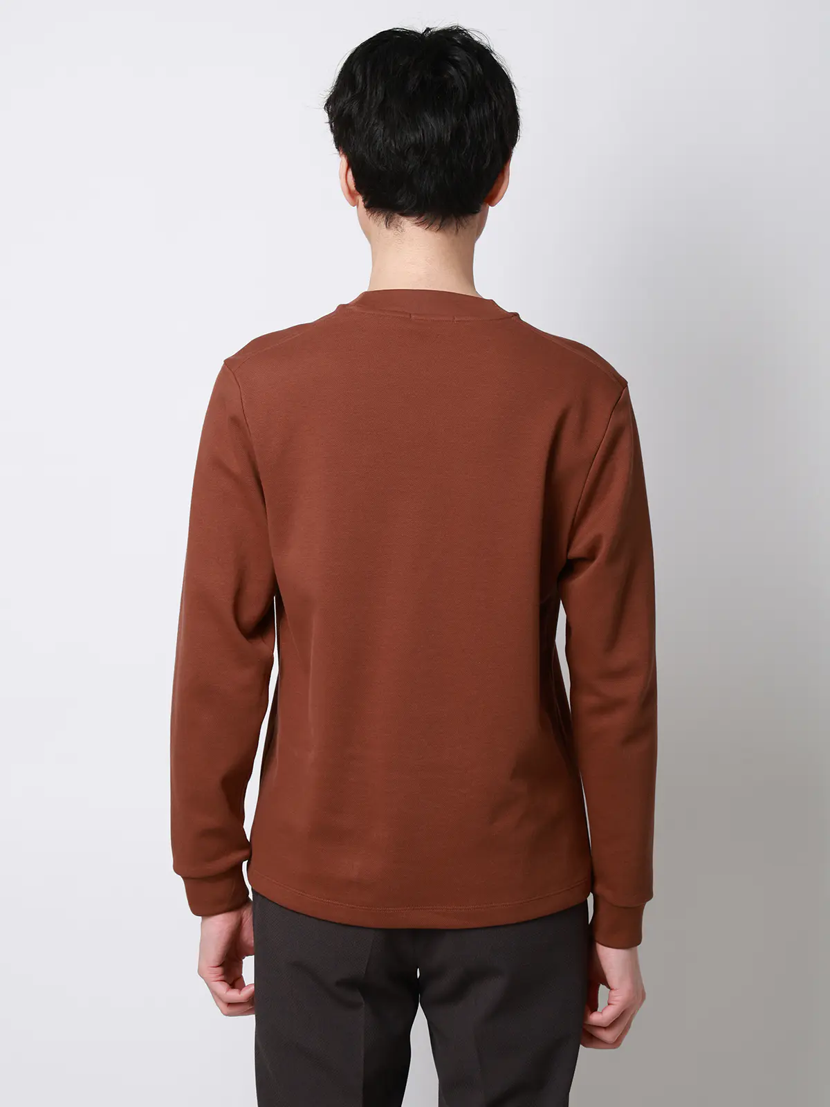 オフィT/Tシャツ/長袖/ウォッシャブル/プレーティング鹿の子/無地 ブラウン S