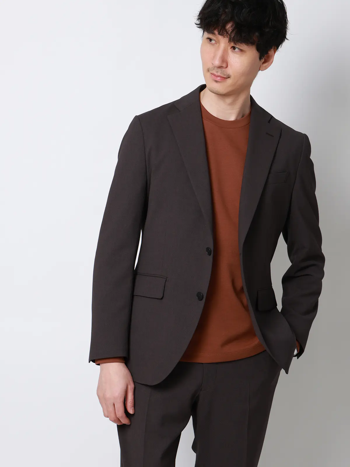 オフィT/Tシャツ/長袖/ウォッシャブル/プレーティング鹿の子/無地 ブラウン S