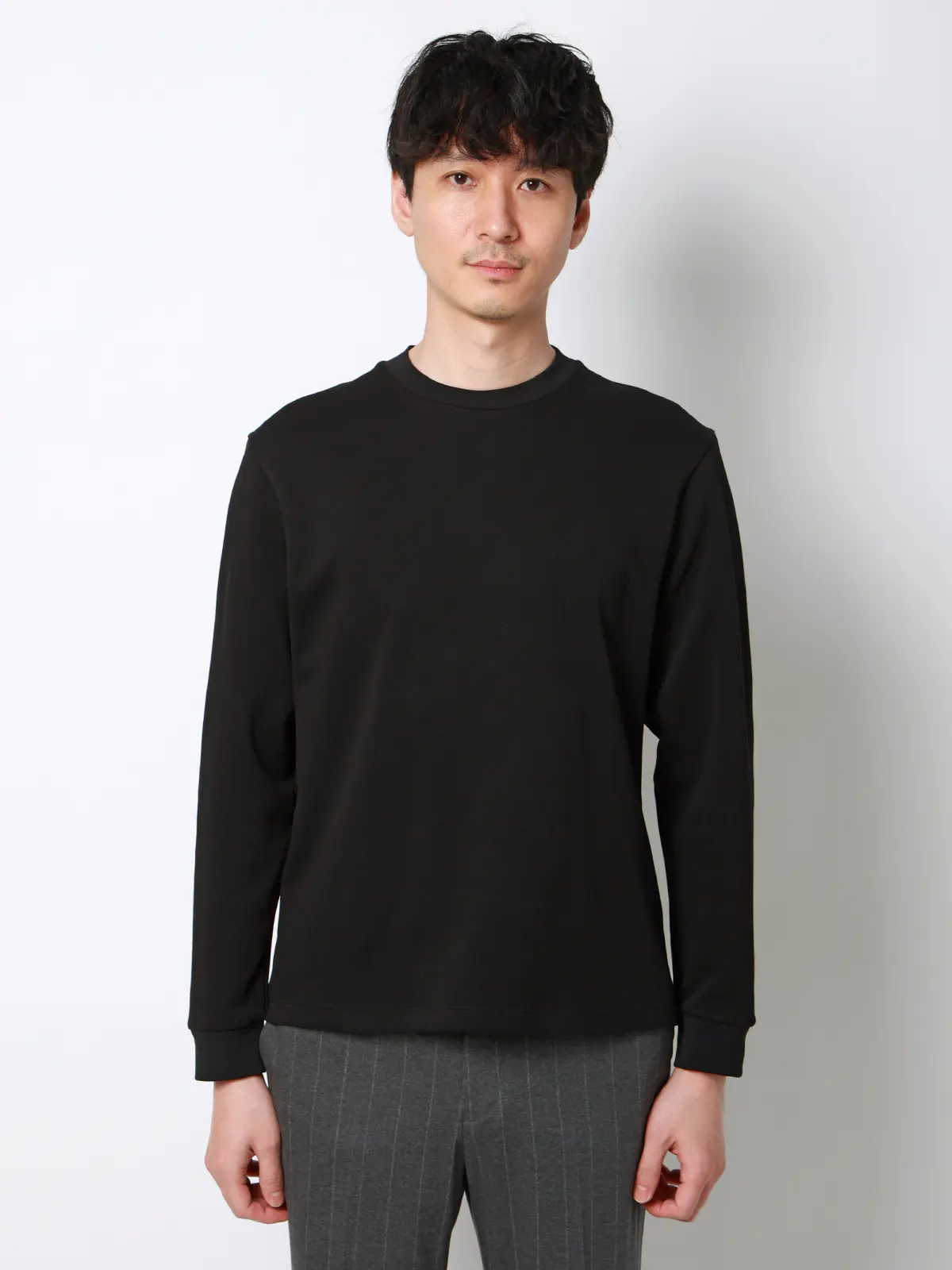 オフィT／Tシャツ／長袖／ウォッシャブル／プレーティング鹿の子／無地 ブラック S