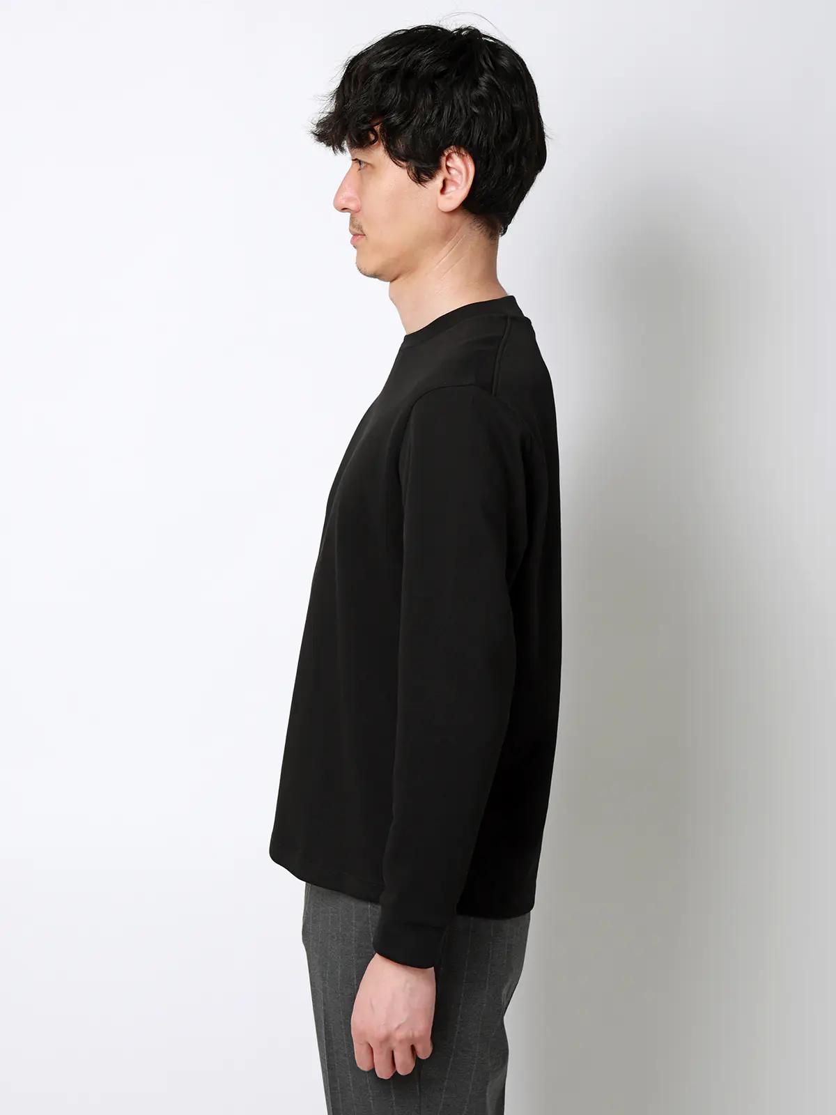 オフィT／Tシャツ／長袖／ウォッシャブル／プレーティング鹿の子／無地 ブラック S