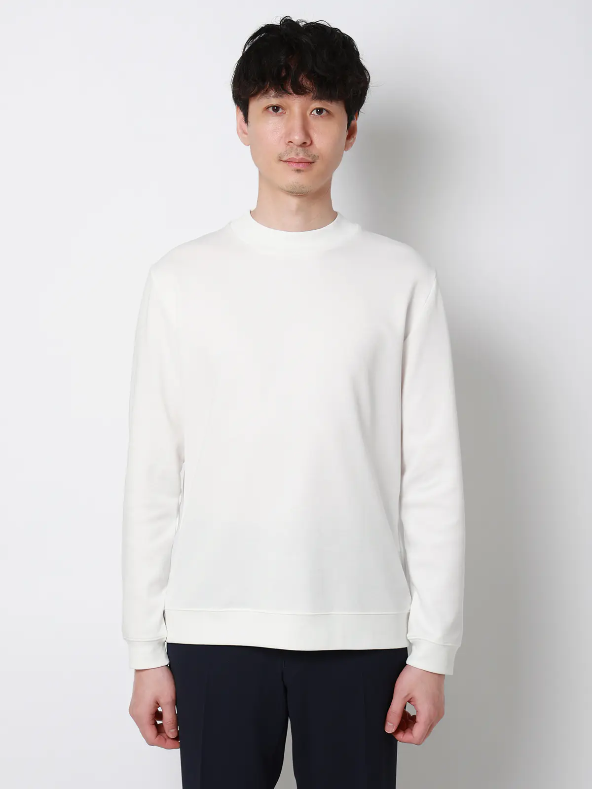 オフィT／モックネックTシャツ／長袖／ウォッシャブル／プレーティング天竺／無地 ホワイト S