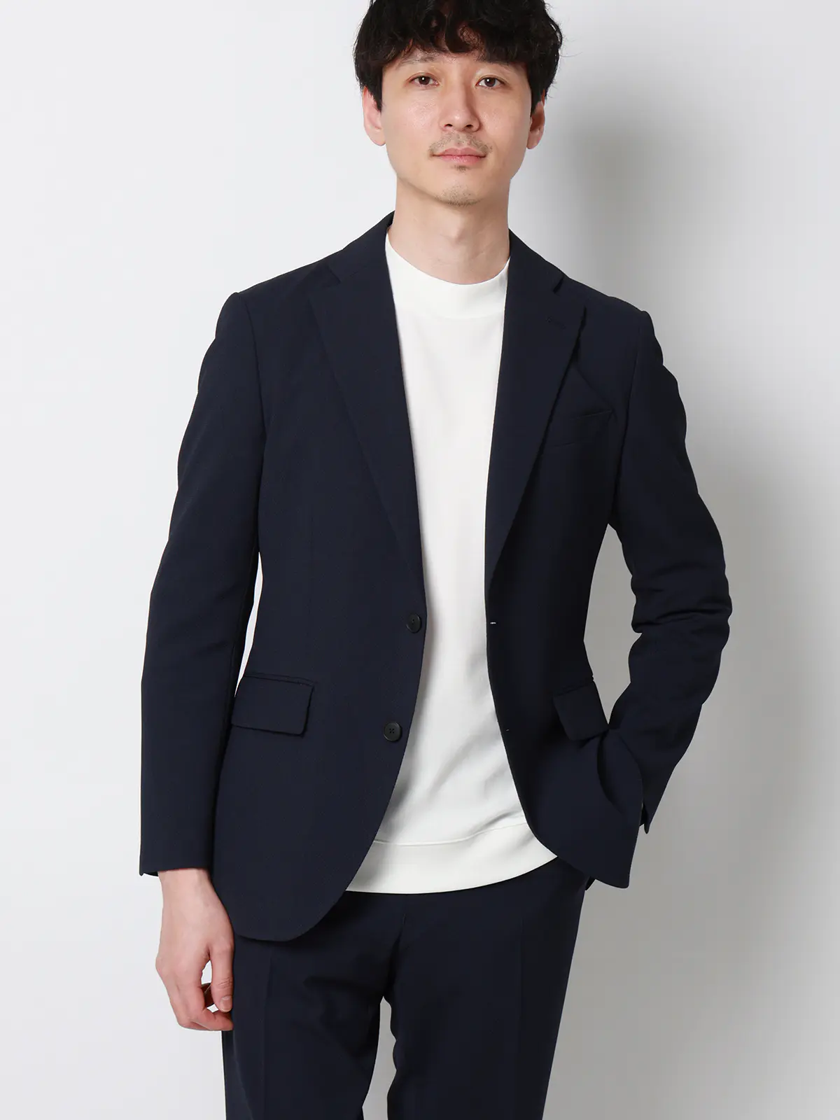 オフィT／モックネックTシャツ／長袖／ウォッシャブル／プレーティング天竺／無地 ホワイト S