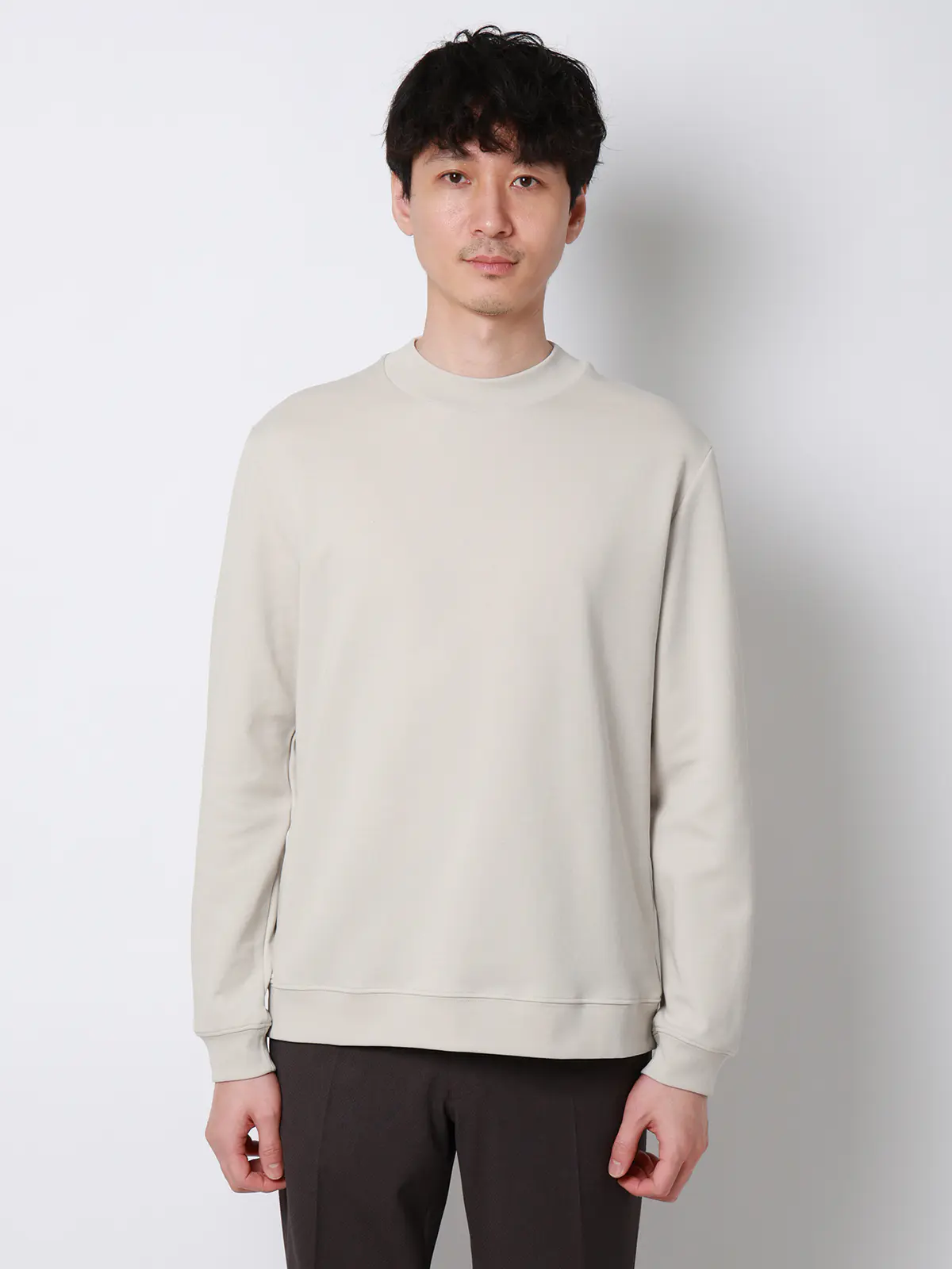 オフィT／モックネックTシャツ／長袖／ウォッシャブル／プレーティング天竺／無地 ライトグレー LL